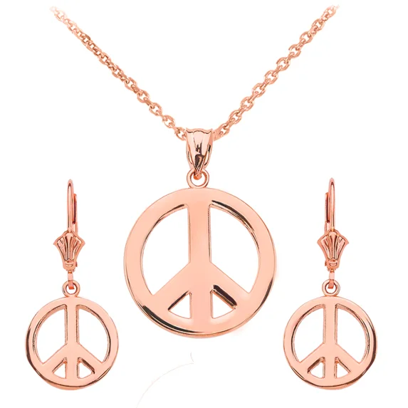 14K ROSE GOLD BOHO PEACE SIGN NECKLACE EARRING SET - Pendant with 18" chain