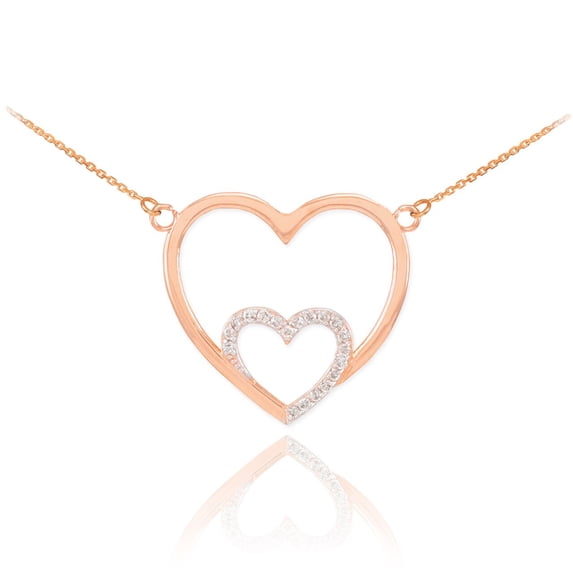 14K ROSE GOLD DOUBLE HEART NECKLACE WITH DIAMONDS : 16"