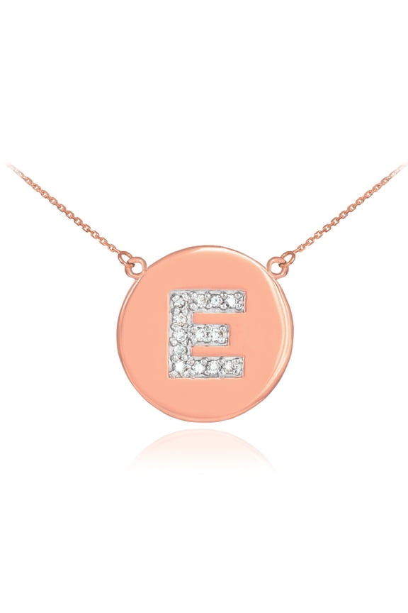 14K ROSE GOLD LETTER "E" INITIAL DIAMOND DISC NECKLACE : 20"
