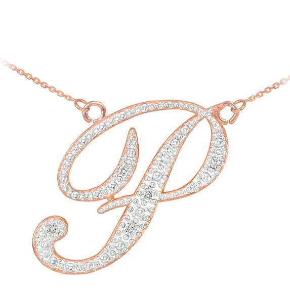 14K ROSE GOLD LETTER SCRIPT "P" DIAMOND INITIAL NECKLACE : 20"