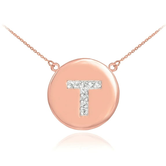 14K ROSE GOLD LETTER "T" INITIAL DIAMOND DISC NECKLACE : 22"