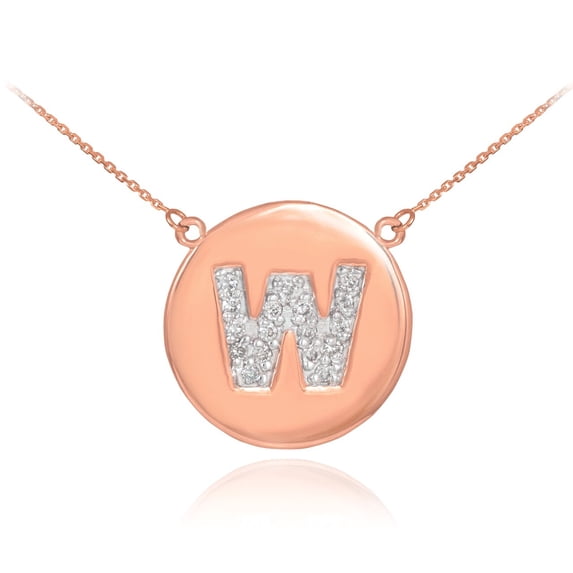 14K ROSE GOLD LETTER "W" INITIAL DIAMOND DISC NECKLACE : 20"