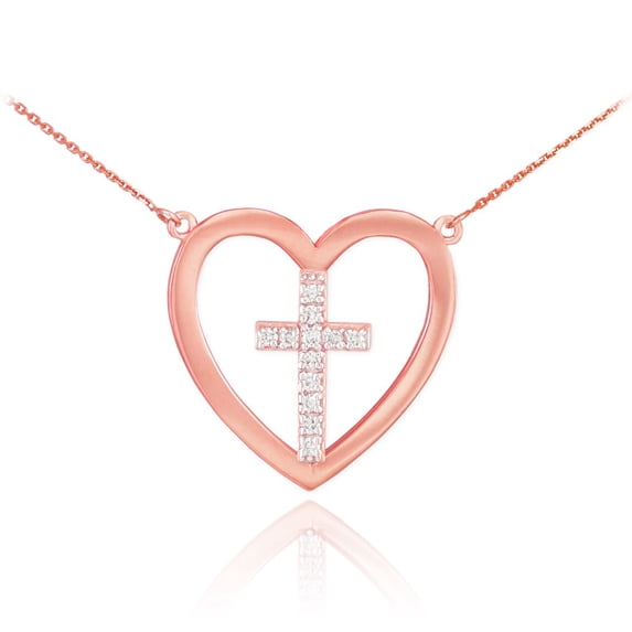 14K ROSE GOLD OPEN HEART DIAMOND CROSS NECKLACE : 16"