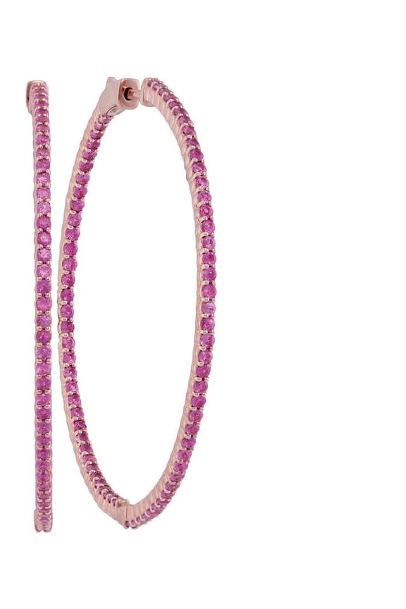 14K Ravishing Rose Gold Pink Sapphire Large Slender Inside Out Stylish Hoop Earrings 4-1/3 Ctw.