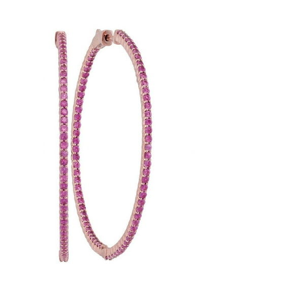 14K Ravishing Rose Gold Pink Sapphire Large Slender Inside Out Stylish Hoop Earrings 4-1/3 Ctw.