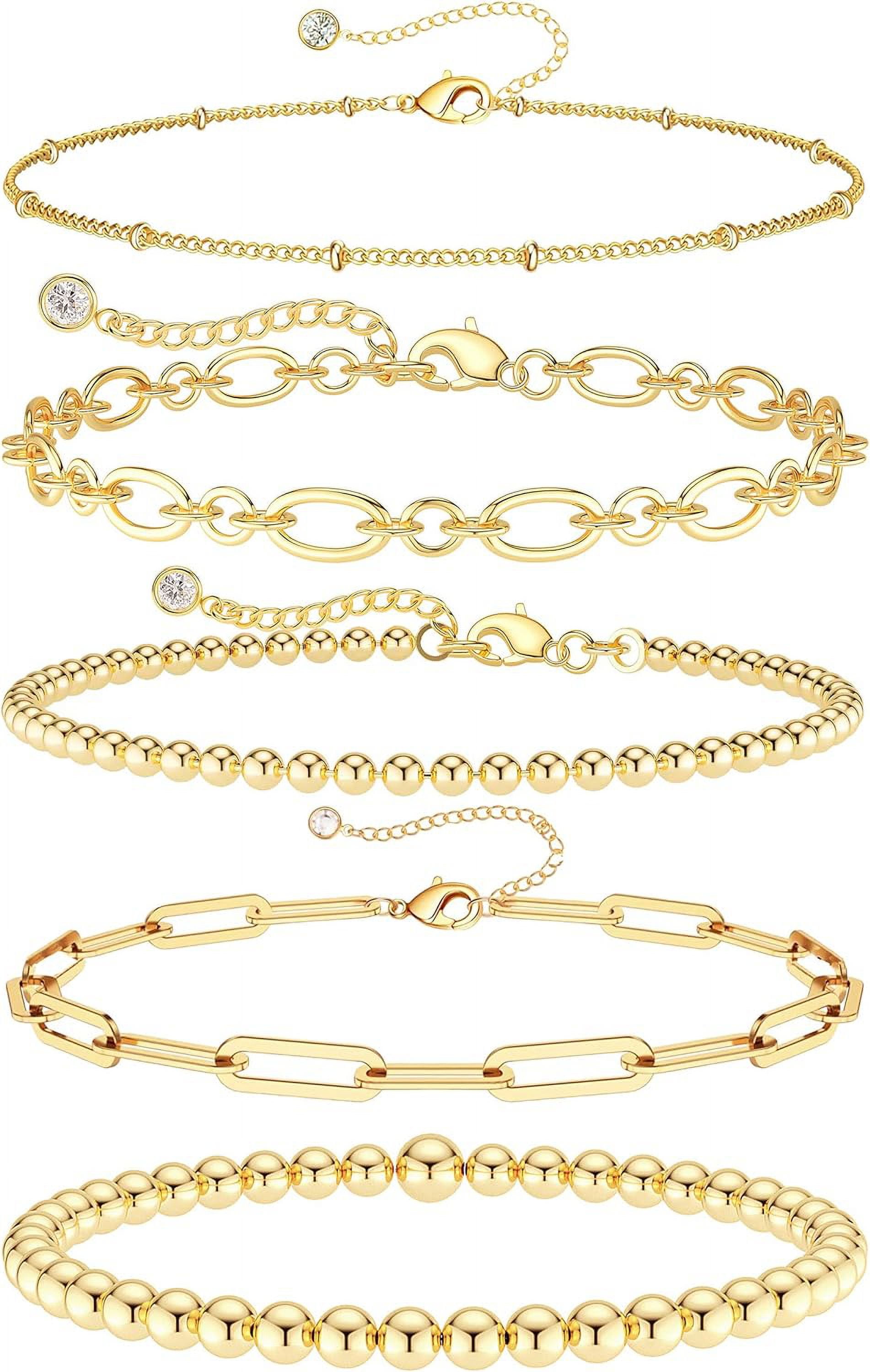 ZXB JEWELERY 14K Real Gold Bracelets for Women - Dainty Jewelry Set with Beaded Design - Italian Gold Filled - 6.5 Length + 2 Extender