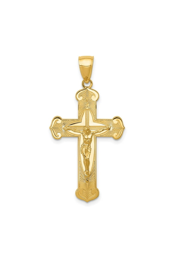 14K Real Gold Crucifix Cross Pendant for Men and Women Polished Yellow Gold Patonce Christian Necklace Religious High Relief Design Spiritual Jewelry Charm