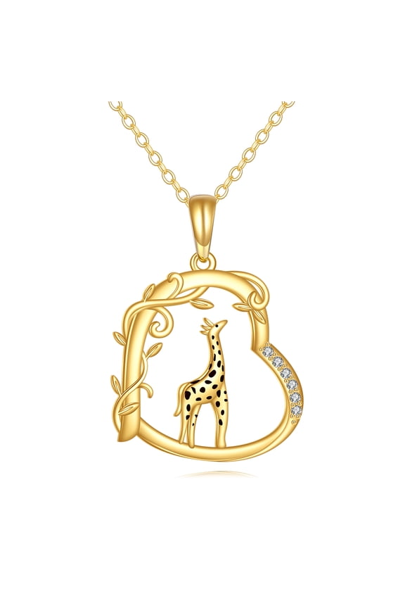 14K Real Gold Giraffe Necklace for Women Solid Yellow Gold Heart Pendant Animal Jewelry Birthday Gifts for Wife Mom