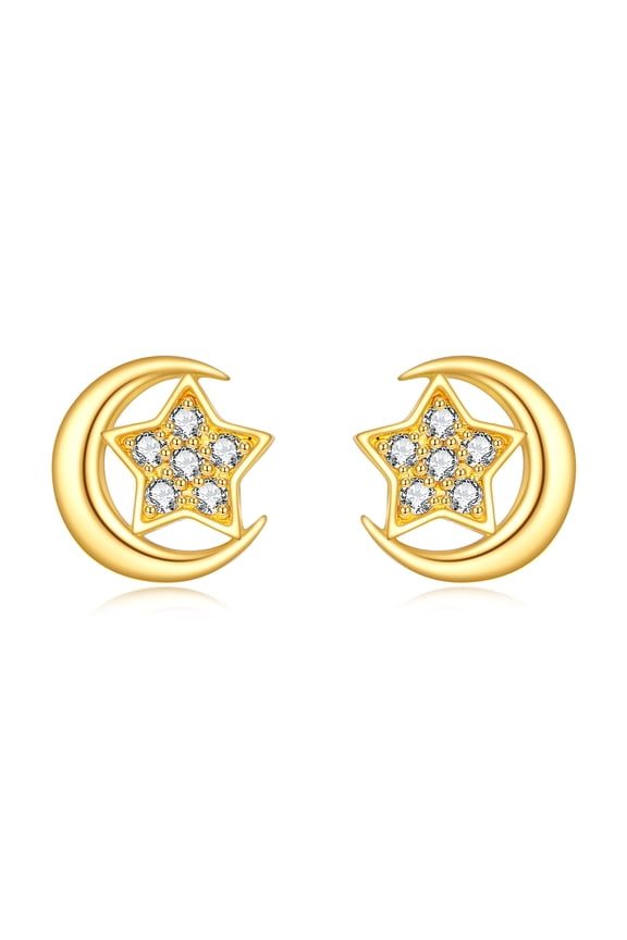 14K Real Gold Moon and Star Earrings for Women Solid Yellow Gold Crescent Moon Stud Dainty Jewelry Mother's Day Gifts for Wife Mom