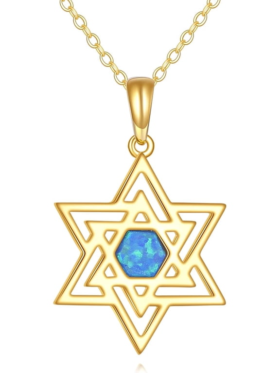 14K Real Gold Star of David Necklace for Women, Yellow Gold Jewish Religious Necklaces with Opal Fine Jewelry Gifts for Mother Grandma Her, 16+2 Inch