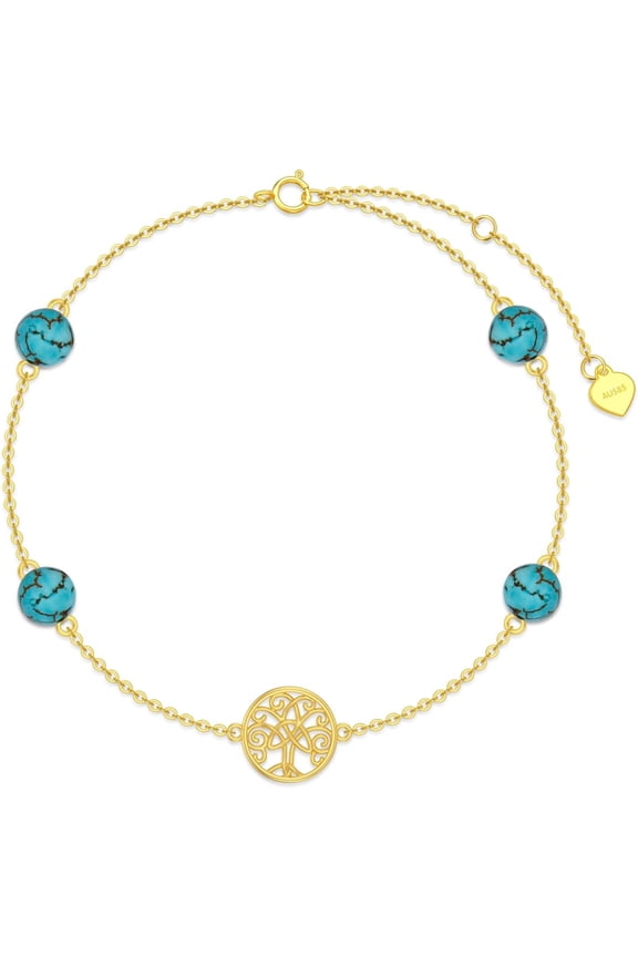 14K Real Gold Tree of Life Bracelet for Women,Yellow Gold Created Turquoise Beads Station Bracelets Hand Link Jewelry Anniversary Birthday Gifts for Wife Girlfriend 6.5''+2''