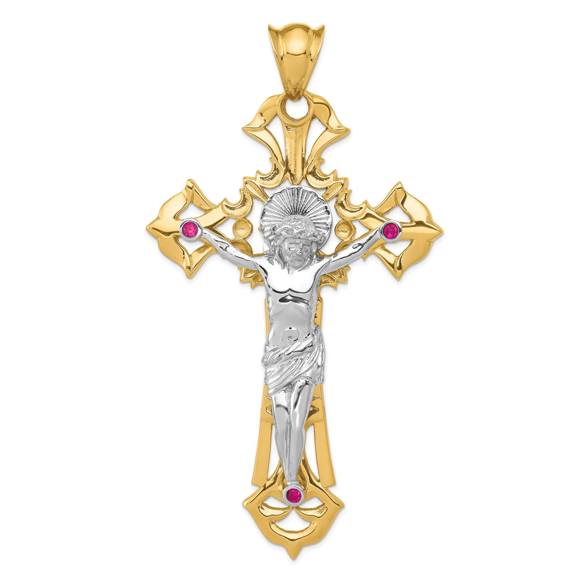 JEWELRY STORES NETWORK 14K Real Gold Two Tone Crucifix Cross Pendant for Men and Women with Detailed Jesus Design and Ruby Red Accents Religious Necklace Classic Spiritual Faith Jewelry
