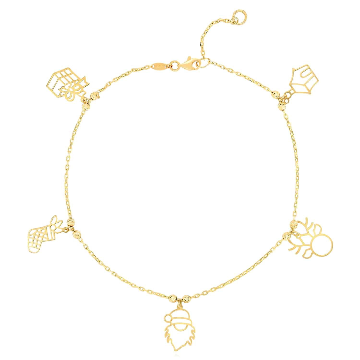 14k Yellow Gold Holiday Charm Pendant, 3-D Christmas Stocking Satin & High 14K Real Gold Yellow Festive Holiday Charms Bracelet 6.5\"-7