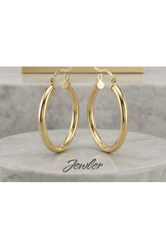 14K Stamped Real Gold Filled Shiny Polished Chunky Round Creole Hoop Earrings All Sizes by JEWLER