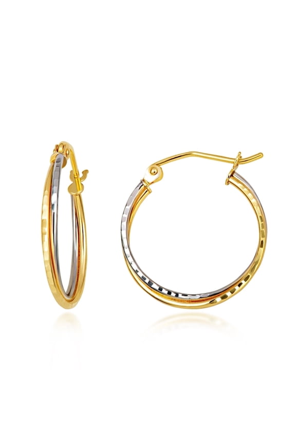 14K Reversible Two-Tone Gold Diamond Cut Intertwined Double Hoop Earrings
