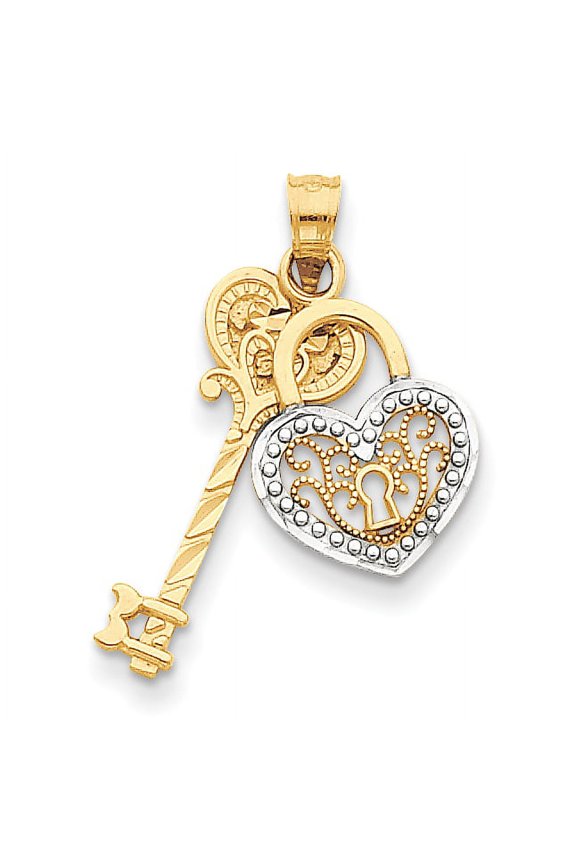 14K & Rhodium Diamond-cut Key & Heart Lock Pendant