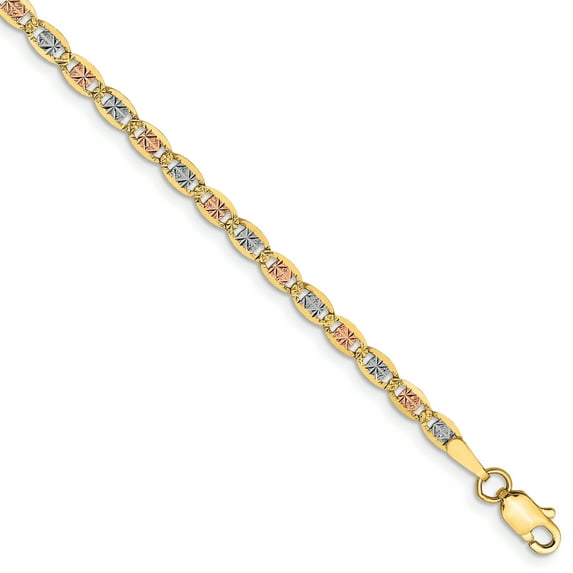 14K Rhodium Plated Yellow Gold 2.75mm Tri-color Pav Chain Bracelet 8 Inch