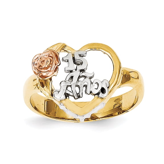 14K Rhodium Plated Yellow Gold & Rhodium & Rhodium 15 Anos Ring Size 7