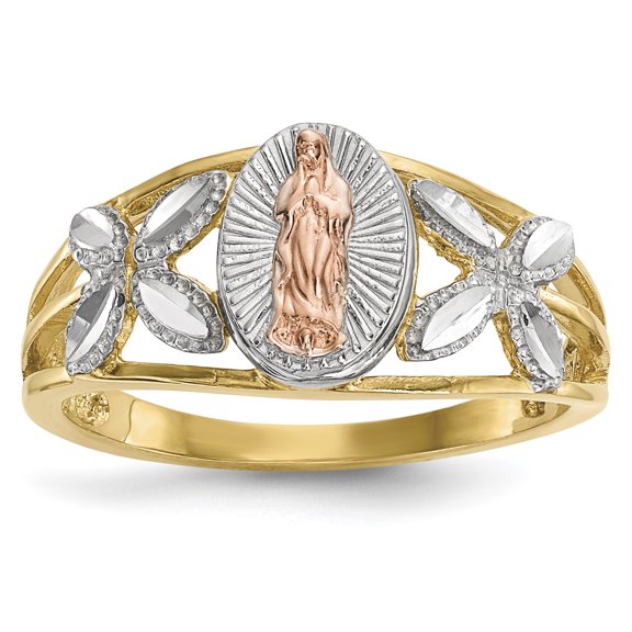 14K Rhodium Plated Yellow Gold w/White Rhodium Polished Our Lady of Guadalupe Ring Size 7