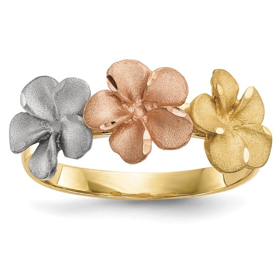 14K Rhodium Plated Yellow Gold w/White Rhodium Satin D/C 3-Plumerias Ring Size 7