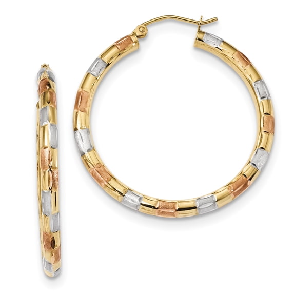 14K Rhodium Plated Yellow Gold w/ White & Rose Rhodium Polished, Satin & Diamond Cut Hoop Earrings