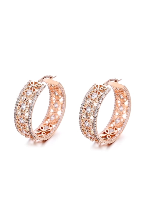 Filigree Flower Hoop Earrings, 14K Rose Gold-Plated, with crystals