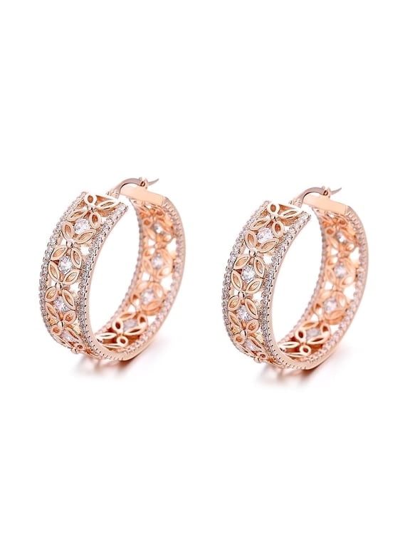 Amy and Annette Filigree Flower Hoop Earrings, 14K Rose Gold-Plated, with crystals
