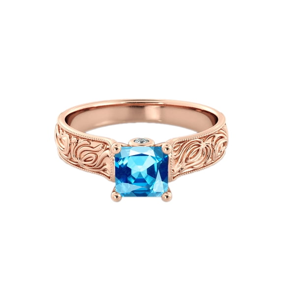 14K Rose Gold 1.06 ctw Blue Topaz Ring with Diamonds Filigree Cathedral Princess