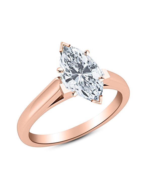 14K Rose Gold 1 Carat Lab Grown Solitaire Marquise Cut Cathedral IGI Certified Diamond Engagement Ring (1 Ct,H-I VS2-SI1