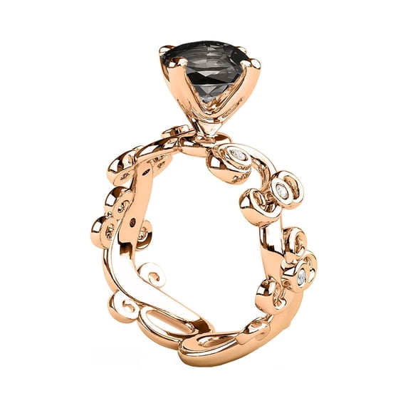 14K Rose Gold 2.06 CTW Black Diamond Ring with Diamonds Filigree Leaf Art Deco