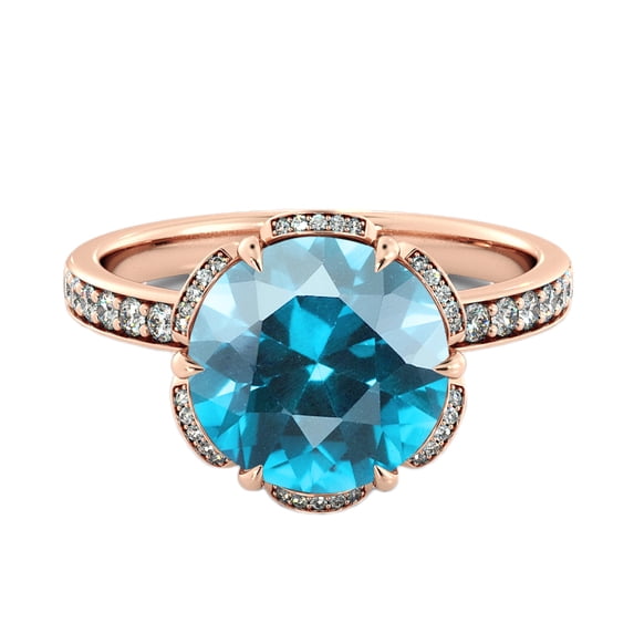 14K Rose Gold 2.50 ctw Blue Topaz Ring with Diamonds Flower Vintage Halo