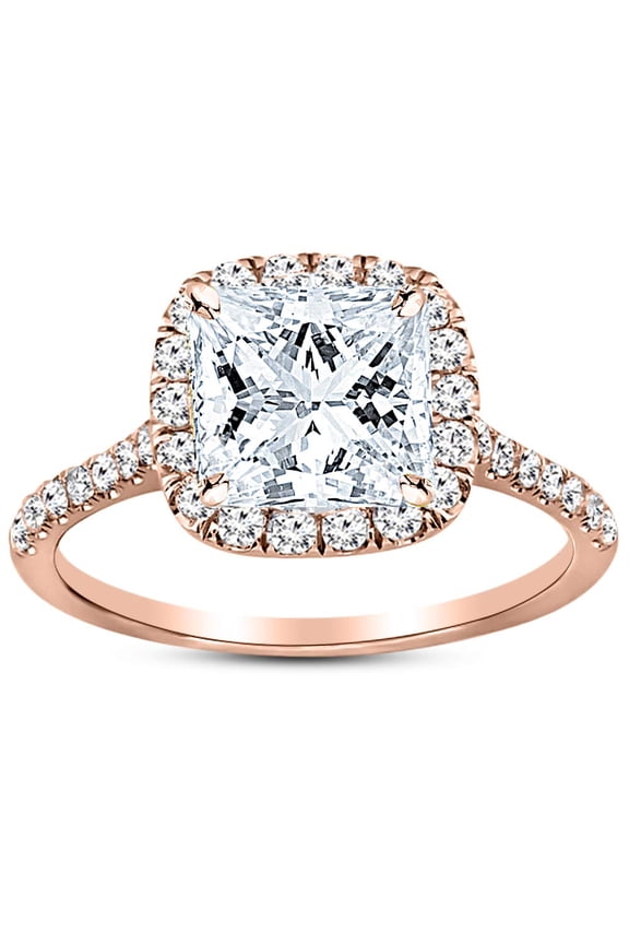 14K Rose Gold 2 Carat Lab Grown Princess Cut Halo IGI Certified Diamond Engagement Ring (2 Ct,H-I VS2-SI1