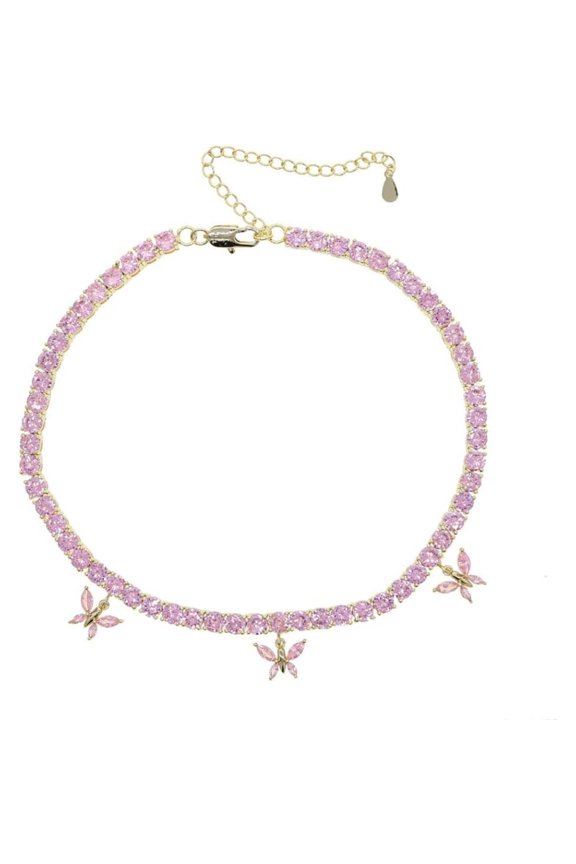 14K Rose Gold Over 925 Silver 12mm Tennis Necklace with Pink Crystals Butterfly Pendant – Feminine Allure in Every Flutter. The Beautiful Gift for the Woman with a Graceful Spirit
