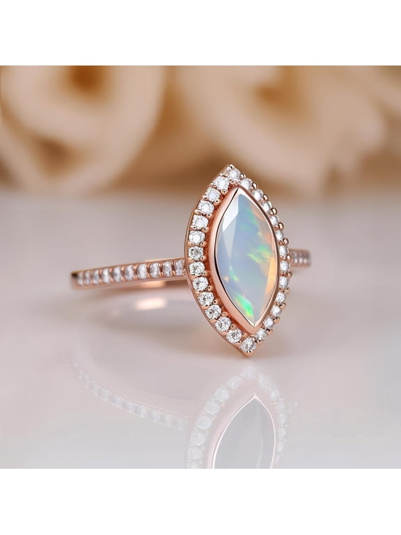 14K Rose Gold 925 Silver Marquise Ethiopian Opal Engagement Ring Wedding Ring Halo Ring Promise Ring Wedding Ring Birthday Anniversary Gift