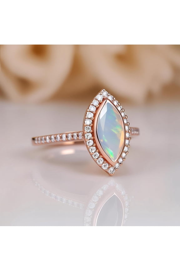 14K Rose Gold 925 Silver Marquise Ethiopian Opal Engagement Ring Wedding Ring Halo Ring Promise Ring Wedding Ring Birthday Anniversary Gift