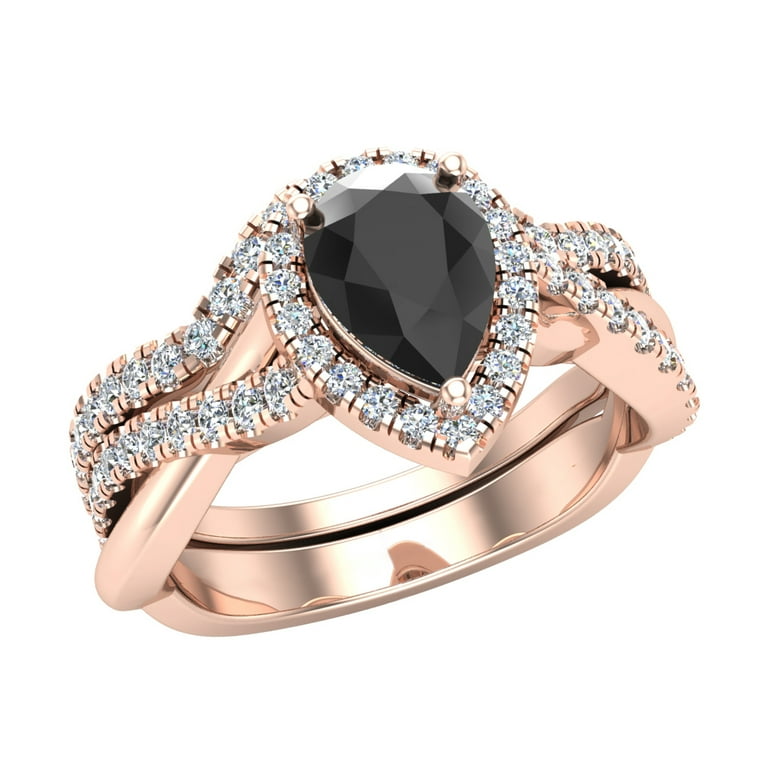 14K Rose Gold Black Diamond Pear Cut Wedding Ring Set for Women