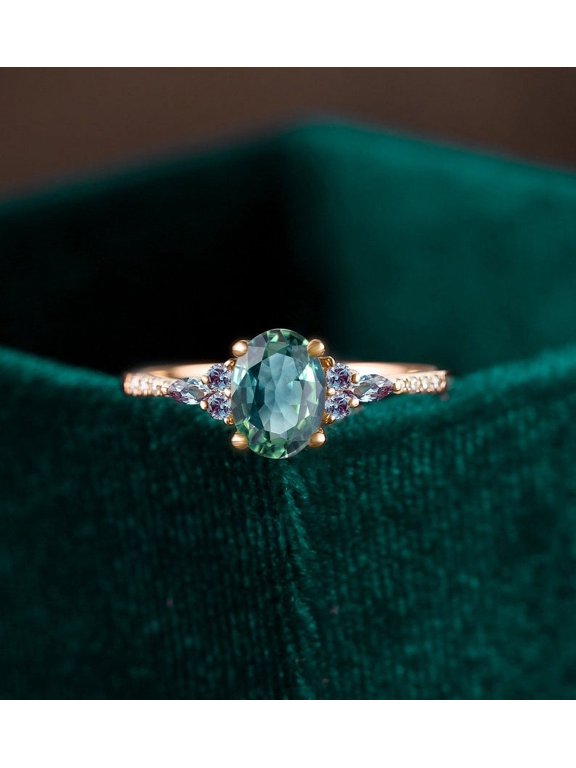 14K Rose Gold Engagement Ring Natural Oval Cut Teal Sapphire Ring Unique Alexandrite Accented Bridal Wedding Ring September Birthstone Ring for Women