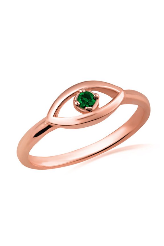 14K Rose Gold Evil Eye Birthstone Protection Ring Emerald (SIZE 12)