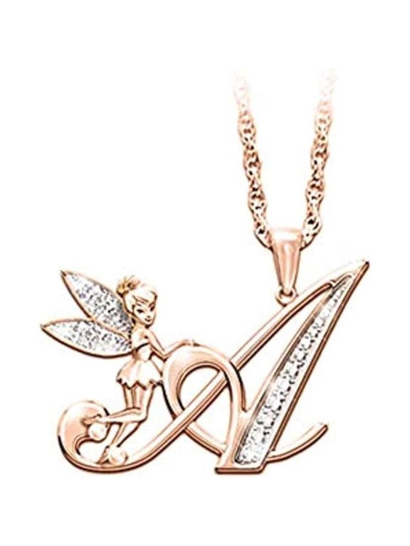 14K Rose Gold Finish Round Cut White Diamond 925 Sterling Silver Diamond Cute Elf Angele With A Initial Letter Pendant Necklace for Women