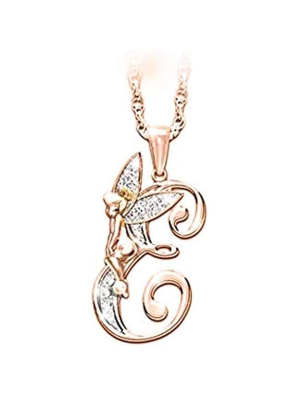 14K Rose Gold Finish Round Cut White Diamond 925 Sterling Silver Diamond Cute Elf Angele With E Initial Letter Pendant Necklace for Women