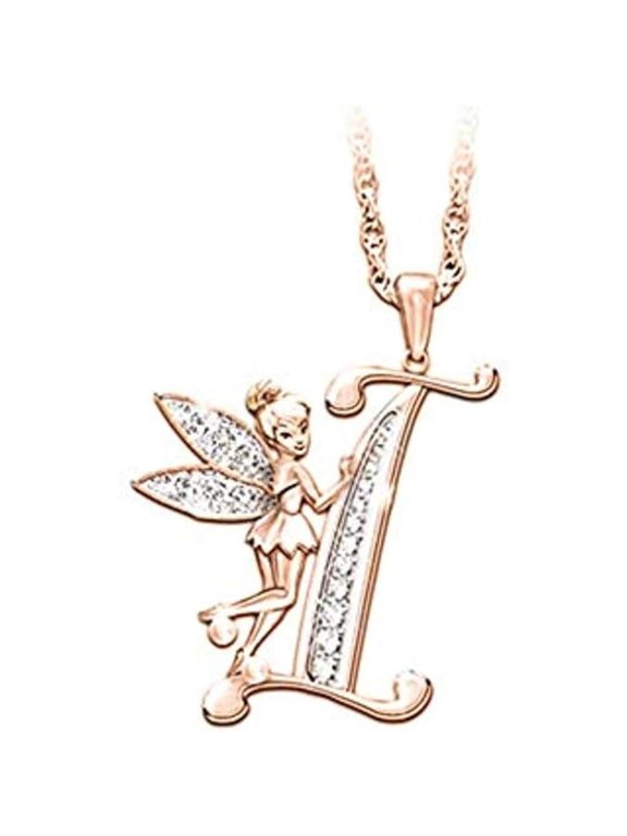 14K Rose Gold Finish Round Cut White Diamond 925 Sterling Silver Diamond Cute Elf Angele With I Initial Letter Pendant Necklace for Women