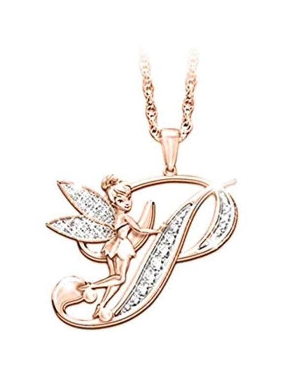 14K Rose Gold Finish Round Cut White Diamond 925 Sterling Silver Diamond Cute Elf Angele With P Initial Letter Pendant Necklace for Women