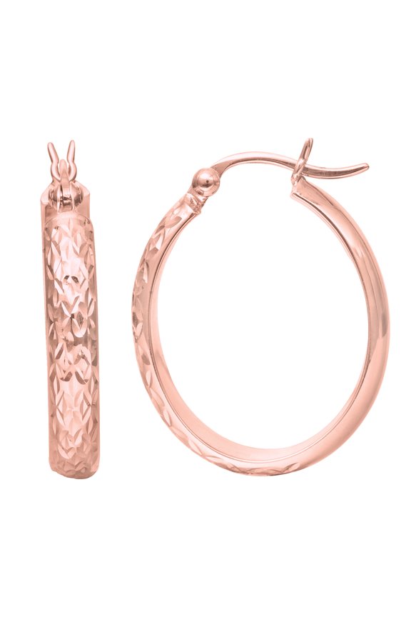14K Rose Gold Hammered Polished Oval Hoop Earrings