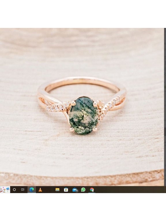 14K Rose Gold Natural Moss Agate Oval Cut Ring Solid Bridal Wedding Promise Ring Anniversary Valentine's Day Gift For Her Mothers Day Gifts