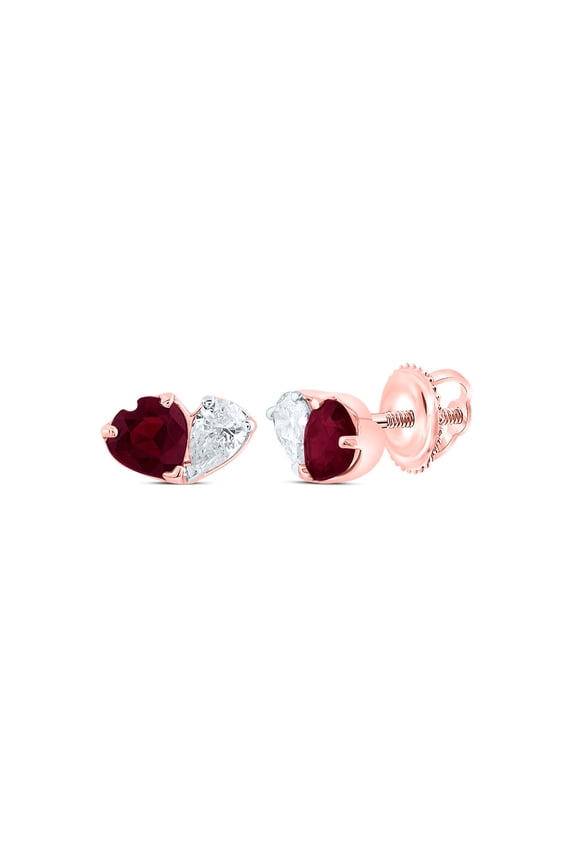 14K Rose Gold Natural Ruby & Real Diamond Women's 4mm Heart Stud Earrings 3/8 CT