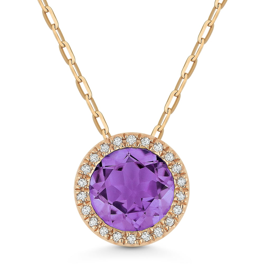 14K Rose Gold Necklace with 1.31-ct Round Purple Amethyst and 0.05-ct White Diamonds