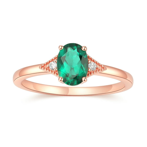 14K Rose Gold Oval Shape Created Emerald Cubic Zirconia Engagement Ring