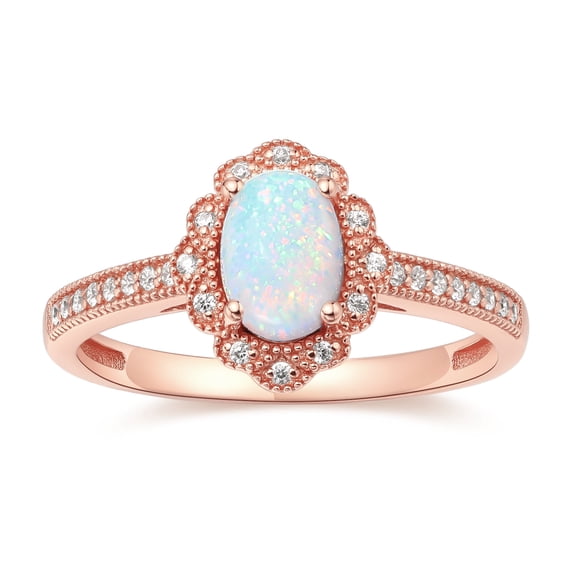 14K Rose Gold Oval Shape Created Opal Petal Engagement Ring