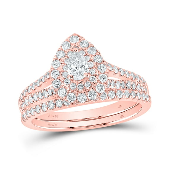 14K Rose Gold Pear Diamond Halo Bridal Wedding Ring Band Set 1 Cttw, Womens Size: 5-10