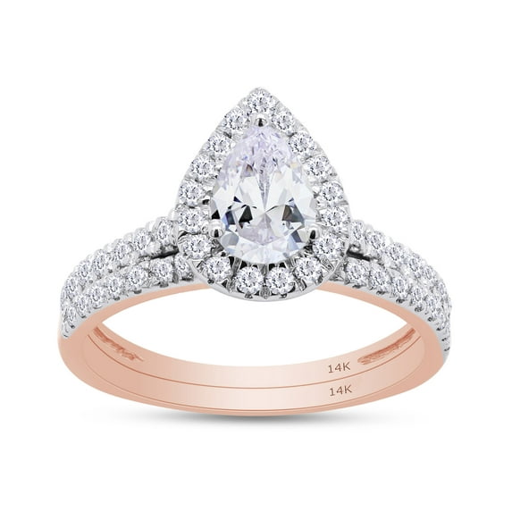 14K Rose Gold Pear Diamond Lab Grown Created Halo Bridal Wedding Ring Band Set 1 Cttw Jewelry For Women (Color-H-I, Clarity-VS-SI) EGL Certified Ring Size - 9